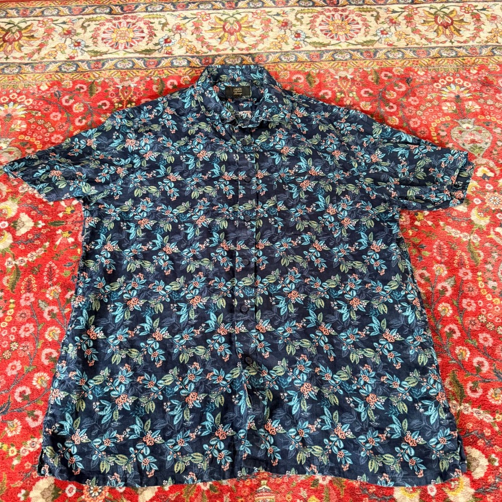 Club Room Linen Shirt Mens Large Navy Floral Short Sleeve Hawaiian Tropical